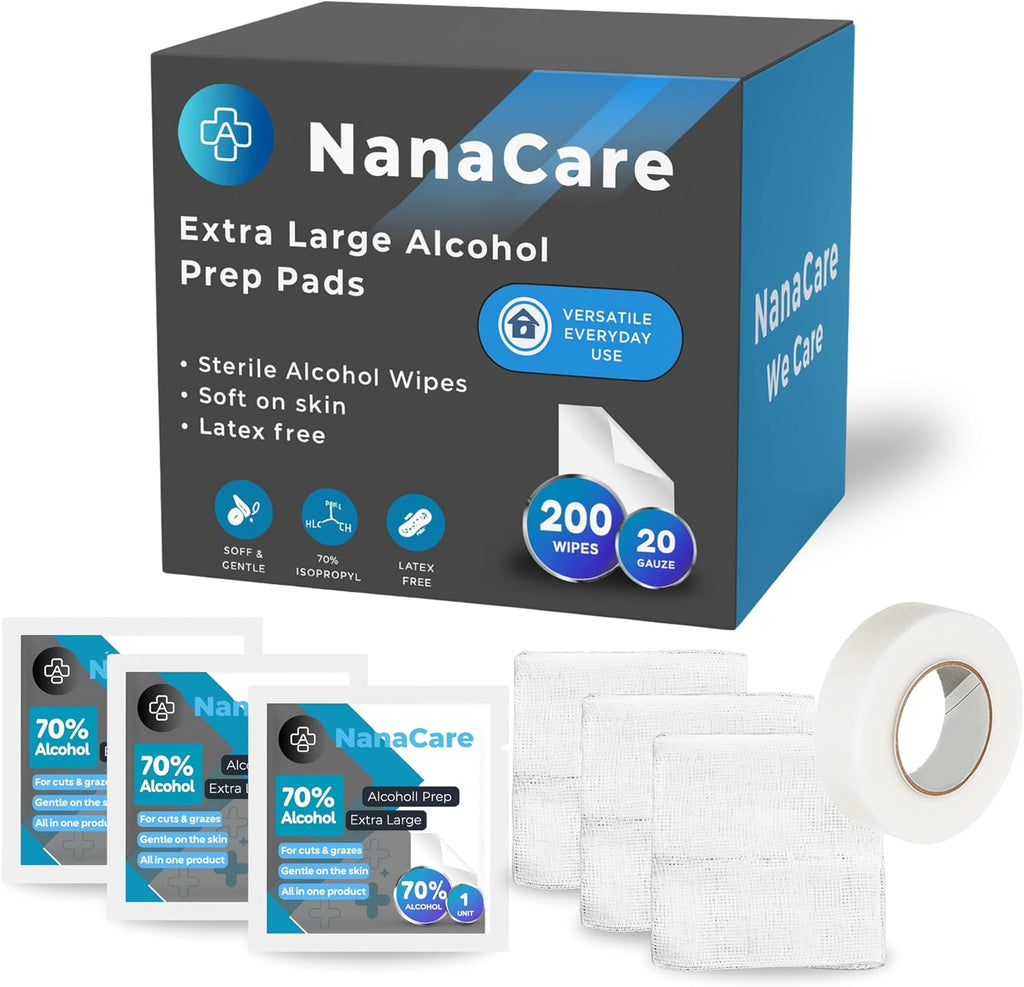 Extra Large Alcohol Prep Pads 6x4 Individually Wrapped 200 Count with 20 Gauze Swabs Extra Large Alcohol Wipes 6x4 for First Aid Wound Care Home Travel Blood Sugar Testing Prep
