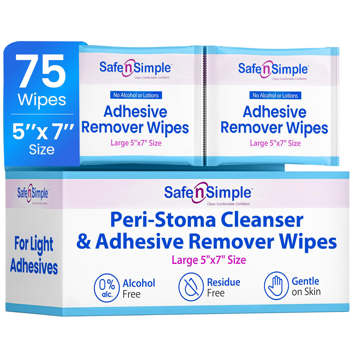 Safe n' Simple Adhesive Remover for Skin - 5"x7" 50 Wipes - Stoma Adhesive Remover Wipes - Alcohol Free Wipes for Sensitive Skin - No Sting Adhesive Remover Wipes