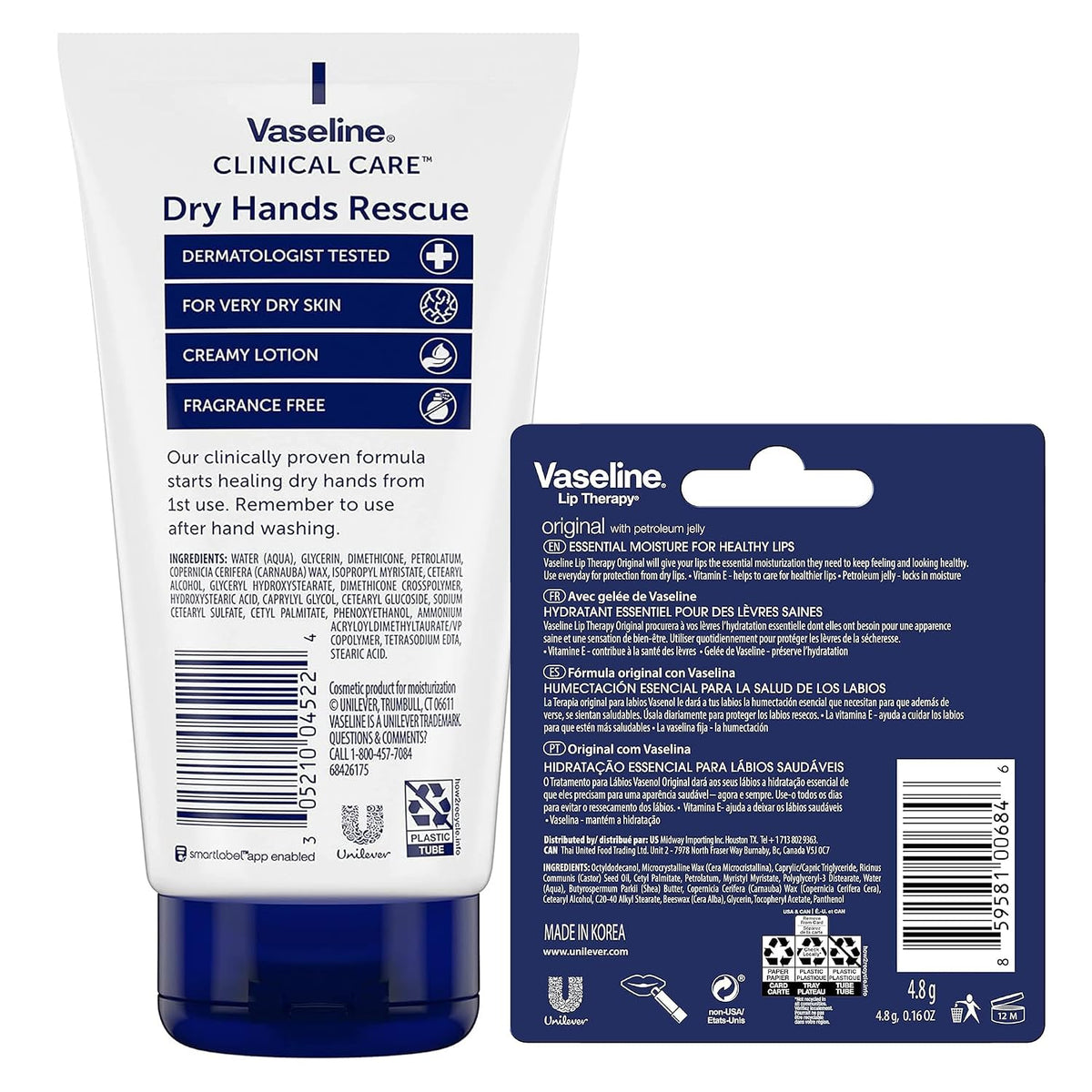 Vaseline Hand Cream, Dry Hands Rescue 2-Pack – Clinical Care Formula, Fragrance-Free, 5.1 Oz Ea + Lip Therapy Original Moisturizer for Lips, 0.16 Oz