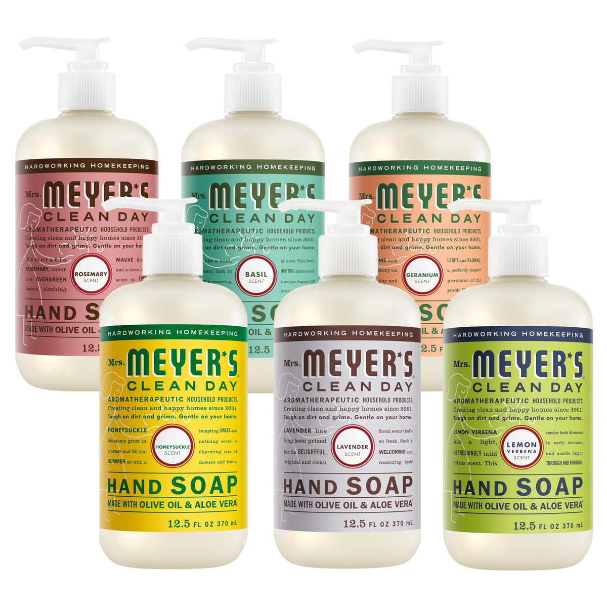 MRS. MEYER'S Liquid Hand Soap 12.5 OZ Scents Variety Pack 6 ( Rosemary, Basil, Geranium, Honeysuckle, Lavender, and Lemon Verbena)