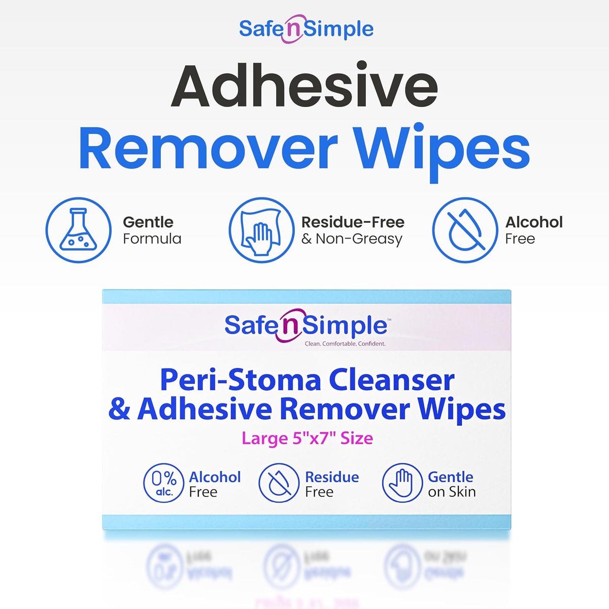 Safe n' Simple Adhesive Remover for Skin - 5"x7" 50 Wipes - Stoma Adhesive Remover Wipes - Alcohol Free Wipes for Sensitive Skin - No Sting Adhesive Remover Wipes