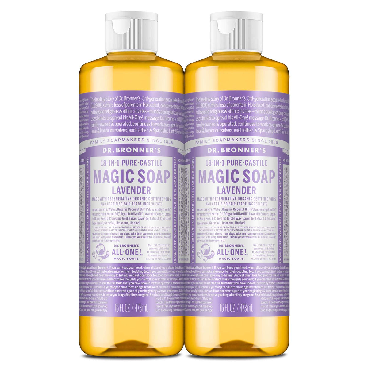 Dr. Bronner's Pure-Castile Liquid Soap, Made with Organic Oils, 18-in-1 Uses: Face, Body, Hair, Laundry, Pets and Dishes, Concentrated, Vegan, Non-GMO, Lavender, 32 Oz