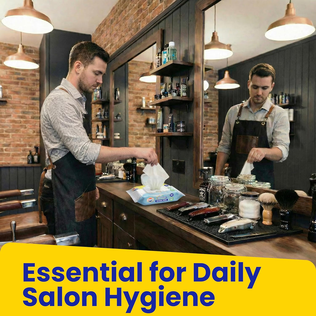 All-in-One Barber Shop Alcohol Surface Cleaning Wipes 50 Count/Pack (Pack of 4-200 Wipes) – One Wipe for the Whole Shop: Mirrors, Chairs, Stations, Clippers & Tools – Quick-Dry, Clean Finish