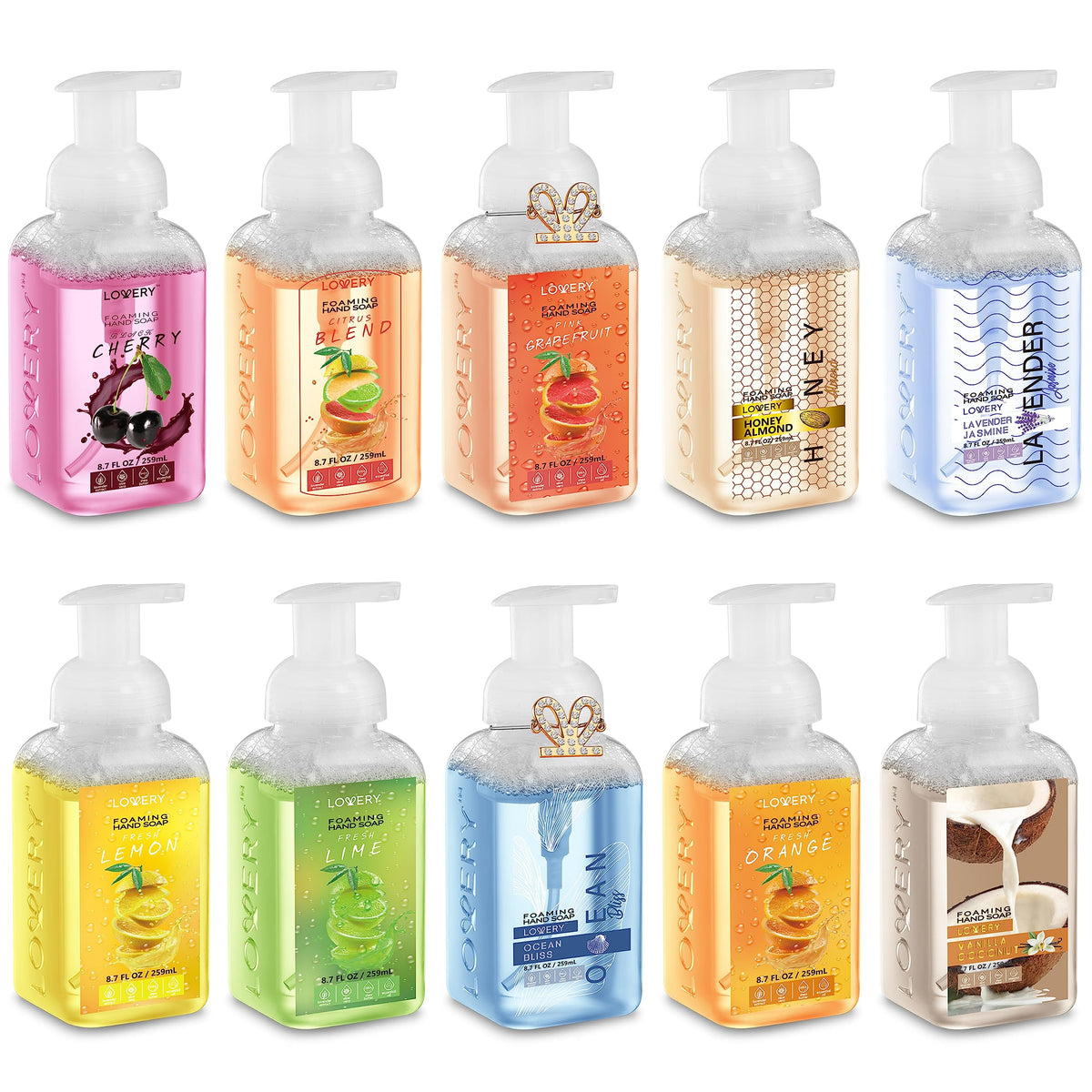 Foaming Hand Soap 10 Pack, Moisturizing W Aloe Vera & Essential Oils - Alcohol-Free Citrus Blend, Lemon, Orange, Lime, Grapefruit, Black Cherry Fragrances & More Hand Wash for Kitchen and Bathroom