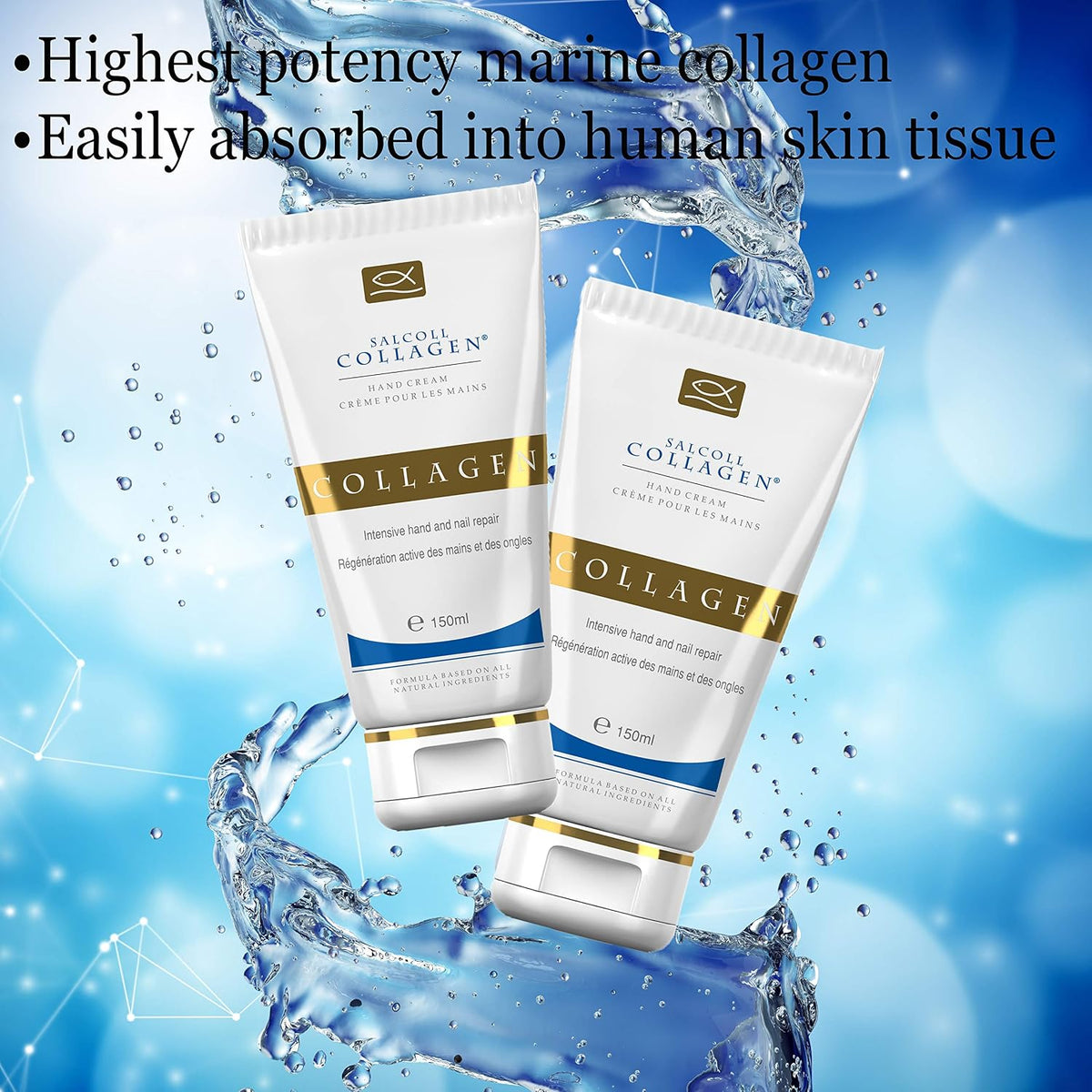 Salcoll Pure Bioactive Anti-Aging Collagen Repair Hand Cream - Hypoallergenic Moisturizing Lotion, Dry Skin Relief, All Skin Types, 150 ml